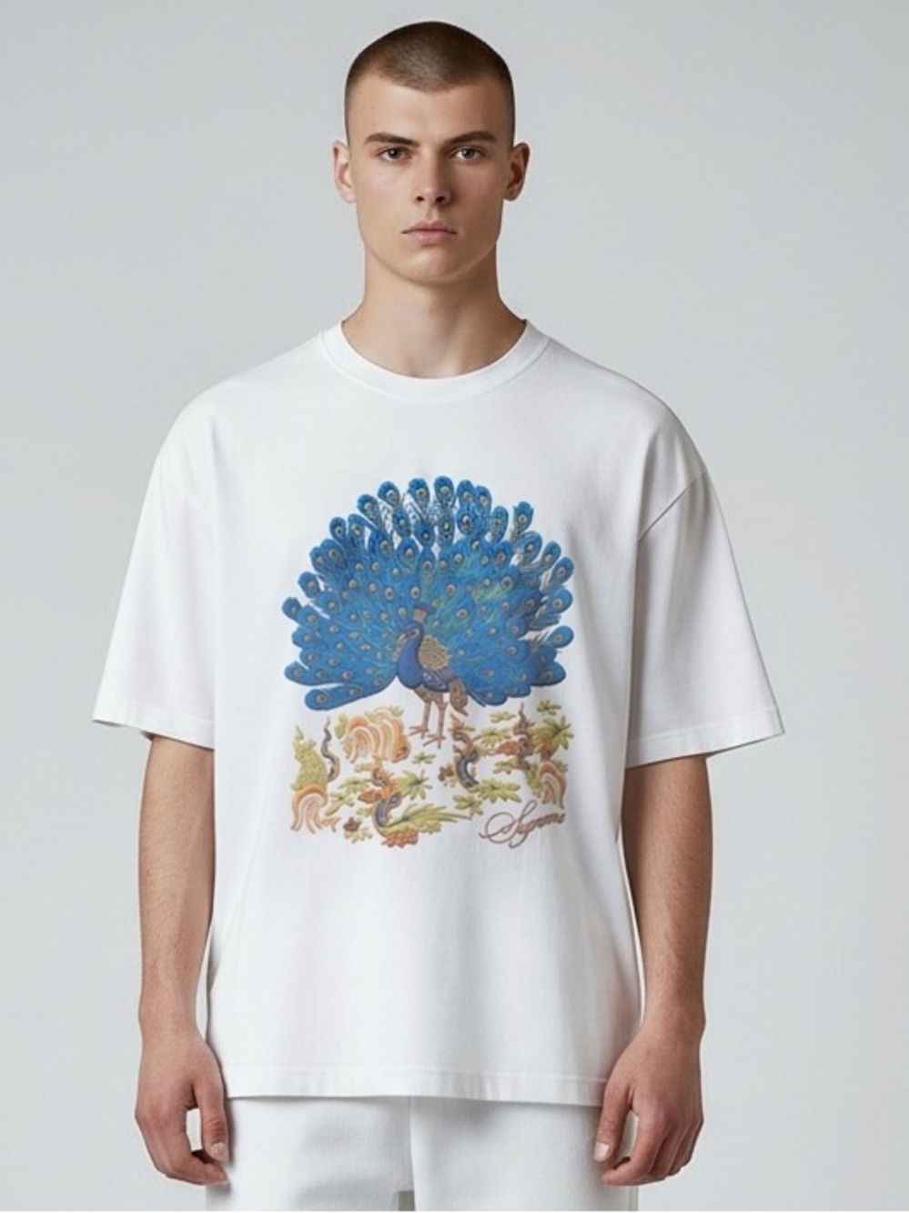 Supreme White Tee with Blue Peacock Graphic